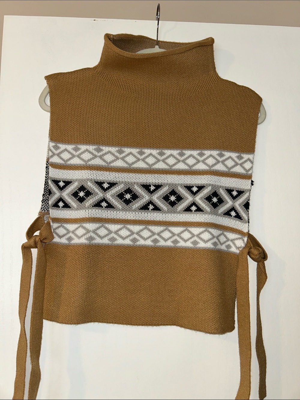 Sleeveless Turtleneck Knit Vest with Fair Isle Band - Camel by Ann Taylor